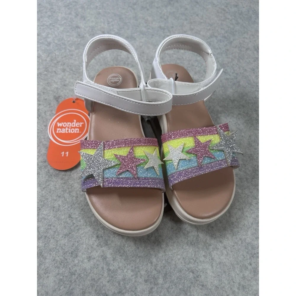 Wonder Nation Toddler Girls White Sandals Rainbow Stars Size 11 Adjustable NWT